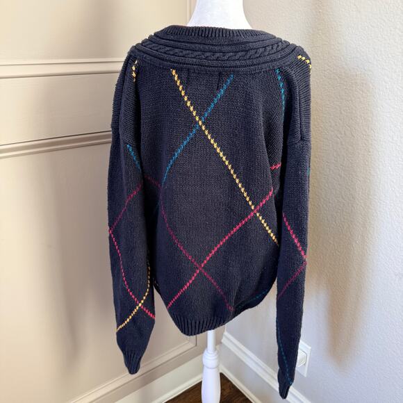 Vintage Sears Roebuck Navy Diamond Knit V-Neck Sweater Size XL Academia Preppy - Picture 3 of 4